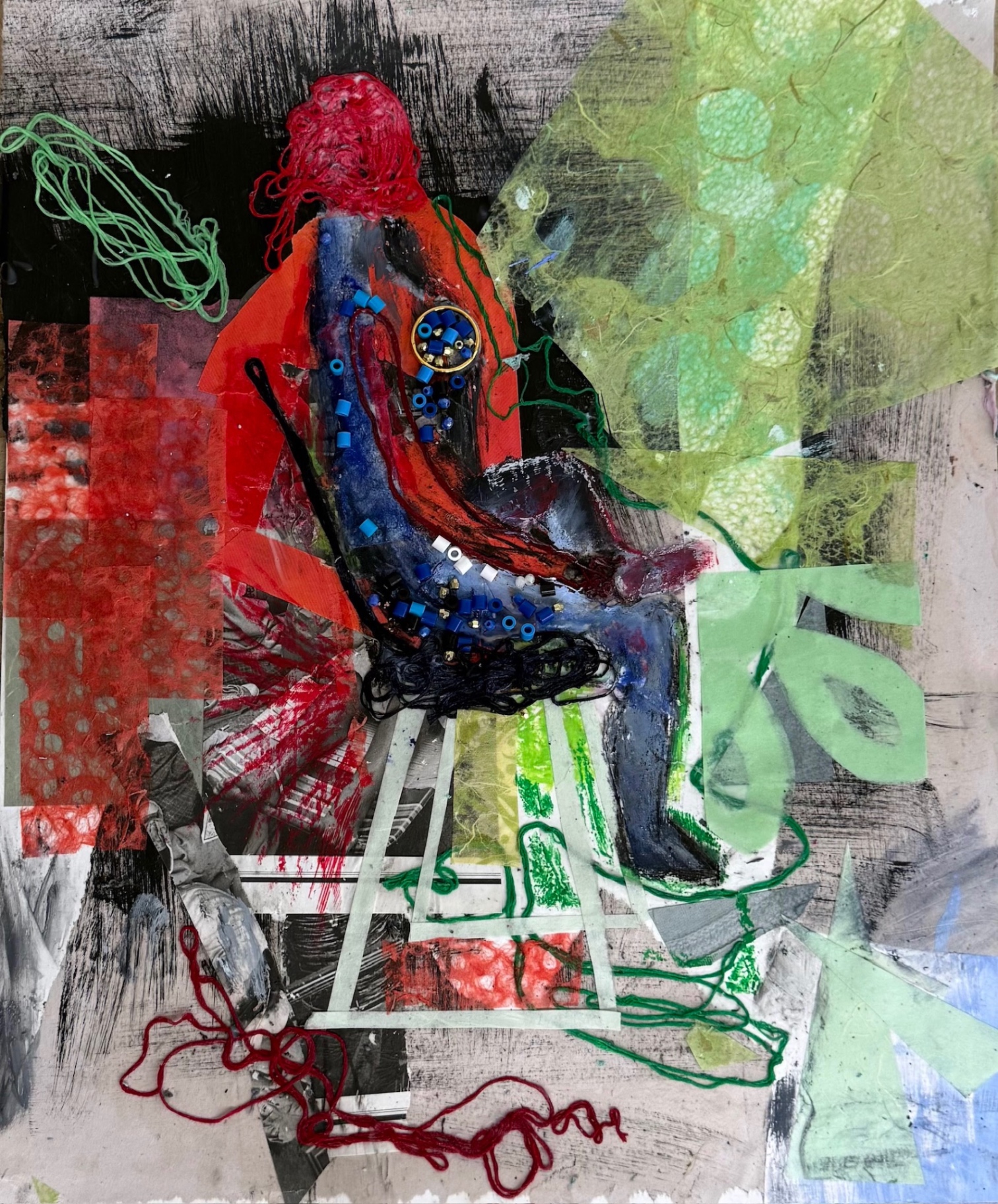 Seated Figure — mixed media collage of a woman on a white chair with red yarn hair